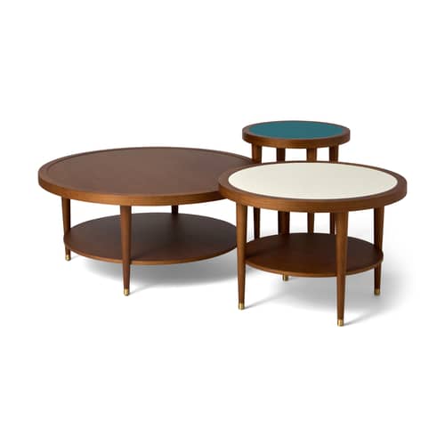 Table basse Puzzle bois bleu / Ø 40 x H 45 cm - Maison Sarah Lavoine - Bleu Sarah / Chêne teinté noyer - Chêne massif teinté, Laiton, Stratifié