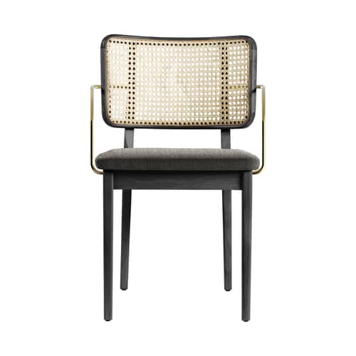 Fauteuil bridge Cannage    / Tissu - Accoudoirs laiton - RED Edition - Tissu Gris Caviar / Noir - Chêne massif teinté, Coton, Laiton, Mousse, Rotin
