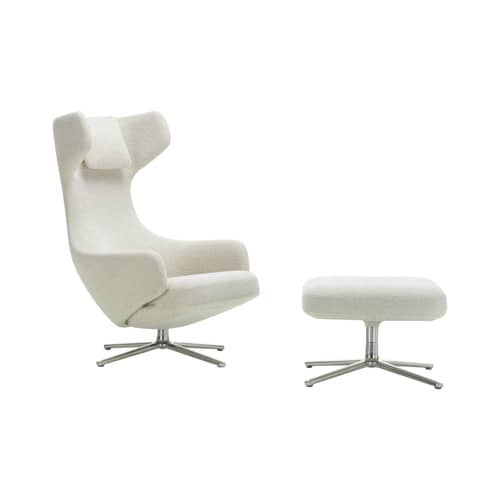 Grand Repos Set armchair & footrest textile white / Pivoting & inclining - Fabric - Vitra - Ivory / pearl (Nubia fabric) / Polished aluminium -  Plumes, Fabric, Polished aluminium, Polyurethane foam