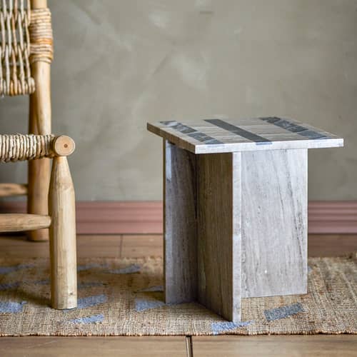 Table d\'appoint Clea marbre beige / 35,5 x 35,5 x H 40 cm - Bloomingville - Beige / Rayures noires - Marbre