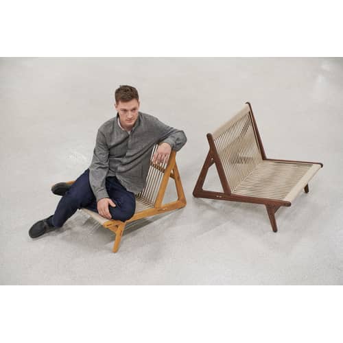 Fauteuil lounge MR01 Initial tissu beige bois naturel / Noyer & corde - Gubi - Noyer / Corde beige - Corde, Noyer massif