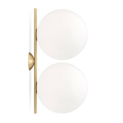 Applique IC Double 1    / Plafonnier - L 42 cm, Ø 20 cm - Flos - Laiton / Blanc - Acier finition laiton, Verre soufflé