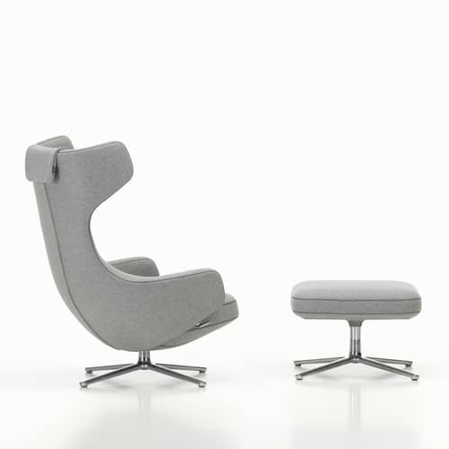 Set fauteuil & repose-pieds Grand Repos tissu gris / Pivotant & inclinable - Vitra - Gris galet (tissu Cosy 2) / Alu poli -  Plumes, Aluminium poli, Mousse polyuréthane, Tissu