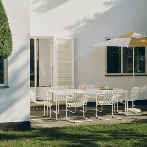 Parasol Terrazza - Hexagon tissu jaune / Ø 300 cm - Hay - Ocre & blanc cassé - Acier, Aluminium, Polypropylène, Toile oléfine