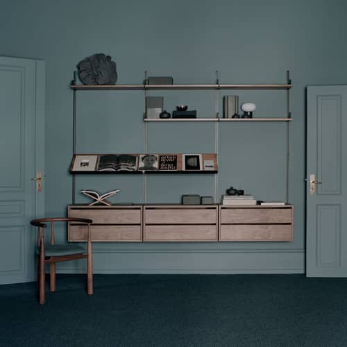  Wall storage wood brown / Entrance unit - W 163.5 x D 35 x H 190 cm / 4 drawers + rod - NEW WORKS - Walnut & Black - Aluminium, Steel, Walnut veneer