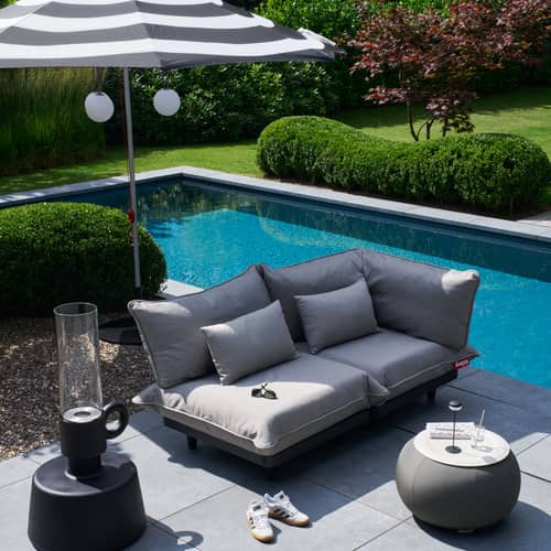 Gartensofa 2-Sitzer Paletti set textil braun / Armlehne rechts - B 190 cm - Fatboy - Gestreiftes Sofa Kakaobraun - Olefin Stoff, Polyesterschaum, Recyceltes Polyethylen, Stahl