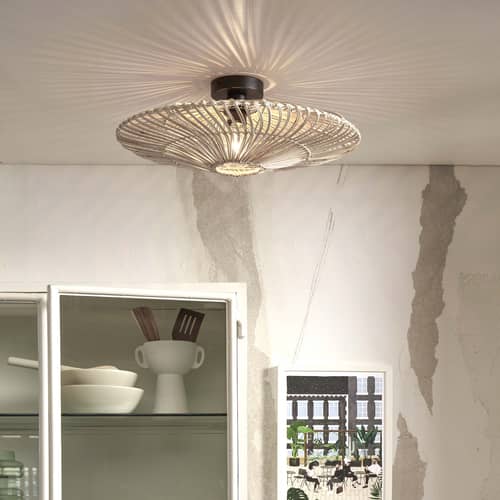 Plafoniera Zanzibar fibre legno bianco rattan bianco / Ø 55 cm - GOOD&MOJO - Bianco - Ferro, Midollino