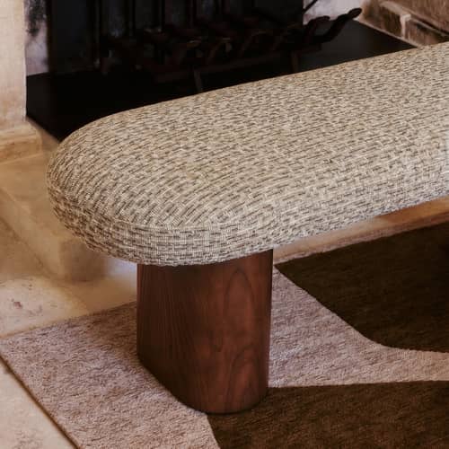 Panca imbottita Popa tessuto verde / L 132,5 cm - NV GALLERY - Verde salvia / Noce - Espanso, Frassino massello tinto, Tissu Tweed