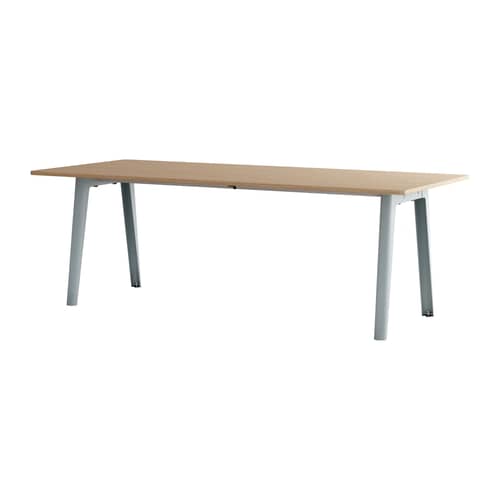 rechteckiger Tisch New Modern holz natur / 220 x 95 cm - Eiche öko-zertifiziert / 10 bis 12 Personen - TIPTOE - Eiche / Blassblaue Füße - Massive Tanne mit Eichenfurnier, thermolackierter Stahl