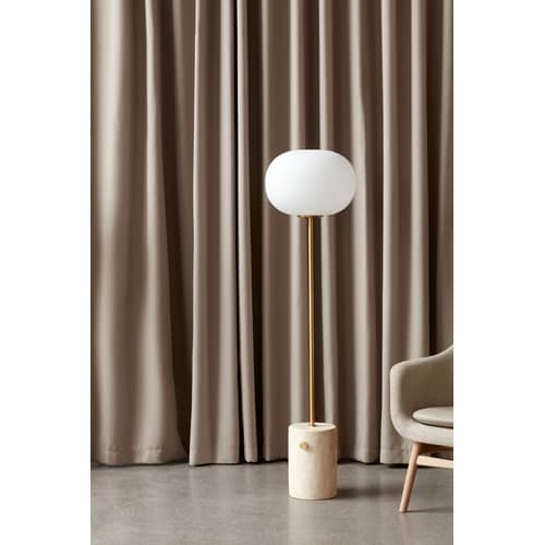 JWDA Floor lamp glass stone white gold / Glass & stone - Audo Copenhagen - White & brass / Beige stone - Brushed brass, Mouth blown glass, Travertine stone