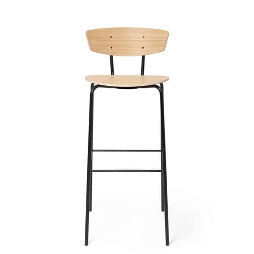 Chaise de bar Herman / H 76 cm - Ferm Living - Chêne blanchi (assise bois) - Acier, Contreplaqué de chêne FSC