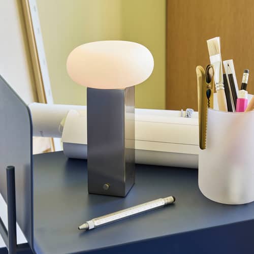 Lampada senza fili ricaricabile Low LED vetro metallo / H 20 cm - HÜBSCH - Nichel spazzolato / Bianco opalino - Nichel spazzolato, Vetro opalino