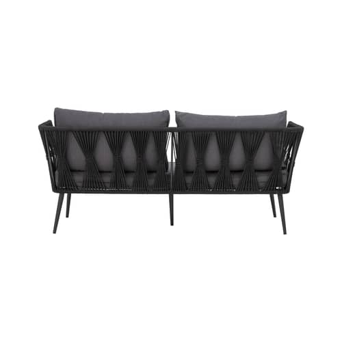 Gartensofa 2-Sitzer Pavone metall kunstfaser schwarz / L 174 cm - Handgewebtes Polyesterseil - Bloomingville - Schwarz / Kissen dunkelgrau - Polyester-Gewebe, Polyesterseil, Thermolackiertes Metall