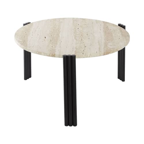 Tribus Coffee table stone beige / Ø 60 x H 35 cm - Travertine - AYTM - Beige travertine / Black - Steel, Travertine stone