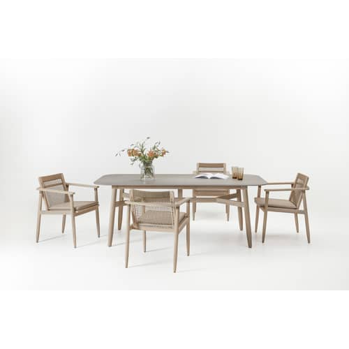 Fauteuil David / Teck vieilli & dossier corde - Coussin d\'assise - Vincent Sheppard - Beige & teck vieilli / Corde Greige - Corde polypropylène, Mousse, Teck massif vieilli, Tissu d\'extérieur