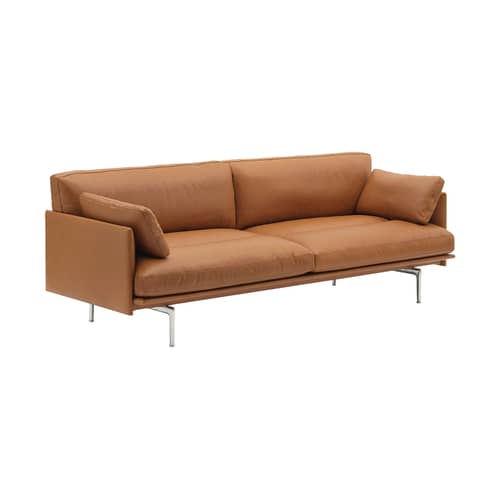 Sofa Outline Soft leder braun / 3-Sitzer – L 220 cm - Muuto - Cognacleder („Refine“) / Füße aus poliertem Aluminium - FSC-zertifiziertes Holz, PU-Schaum, Vollnarben-Leder