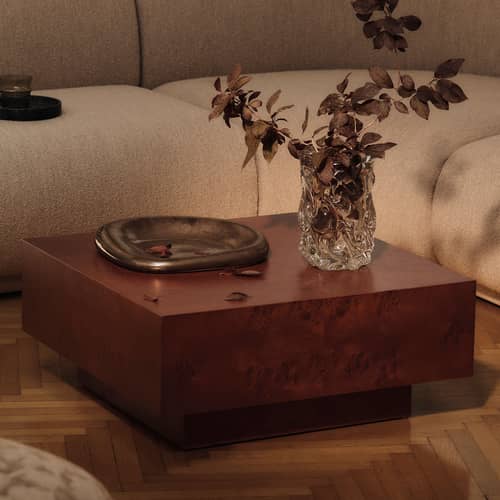 Table basse Burl bois naturel / 70 x 70 x H 30 cm - Tiroir - Ferm Living - Naturel - MDF, Placage en broussin certifié FSC