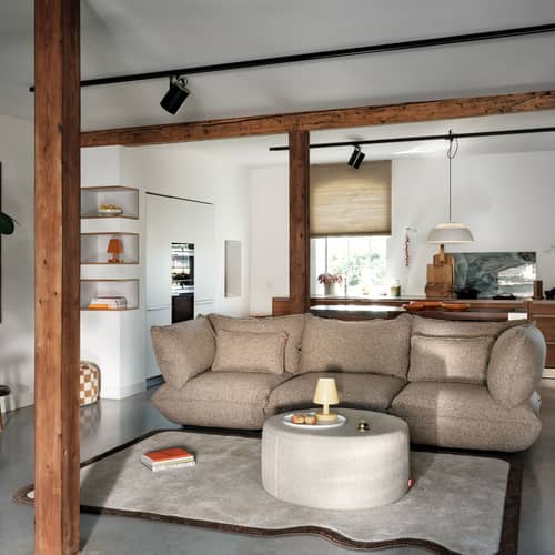 Pouf Pfffh Indoor tessuto beige / Tessuto bouclé riciclato - Ø 90 cm - Fatboy - Crema - Espanso, Polistirolo espanso, Tessuto bouclé riciclato