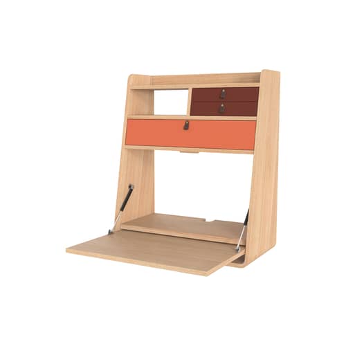 Secrétaire mural Gaston bois orange / L 60 x H 72 cm - Hartô - Corail épicé & bourgogne / Chêne naturel - MDF laqué, MDF plaqué chêne