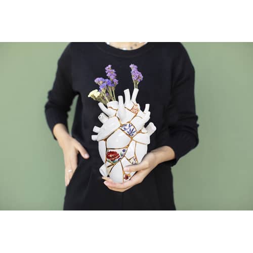 Vase Love in Bloom Kintsugi céramique blanc / or 24K - H 25 cm / Marcantonio, 2018 - Seletti - Blanc & or / Motifs colorés - Or 24K, Porcelaine