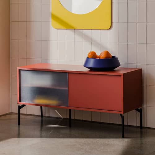 Meuble TV Met Mini bois orange / L 116 x H 55 cm - NOO.MA - Terracotta - Acier, Mélamine, Verre texturé