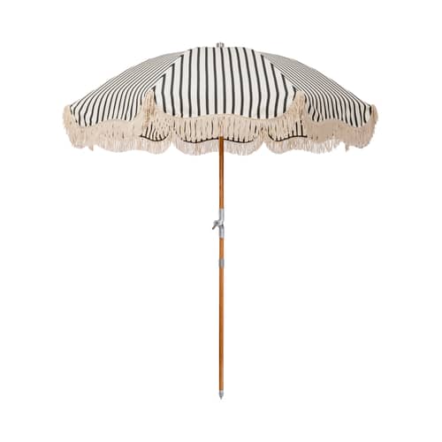 The Premium Beach Monaco Parasol textile black / Ø 180 cm - Tilting - BUSINESS & PLEASURE - Striped / Black - Outdoor fabric, Reclaimed laminated wood