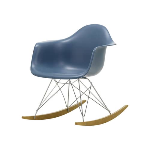 Rocking chair RE RAR - Eames Plastic Armchair / (1950) - Recyclé - Vitra - Bleu de mer / Pied chromé / Bois clair - Acier chromé, Érable massif, Plastique recyclé post-consommation