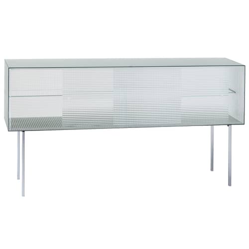 Buffet Commodore bas verre transparent / Verre quadrillé - L 180 x H 98 cm - Glas Italia - Translucide quadrillé / Pieds chromés - Métal chromé, Verre trempé