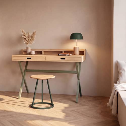 Bureau Hyppolite bois et métal vert / L 120 x P 56 cm - Hartô - Chêne naturel / Vert sauge - MDF plaqué chêne, Métal laqué