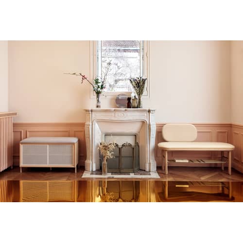 Panchina Eustache tessuto legno beige / L 102 cm - Velluto - Hartô - cammello - Espanso, MDF, Ottone spazzolato, Rovere massello, Velluto poliestere