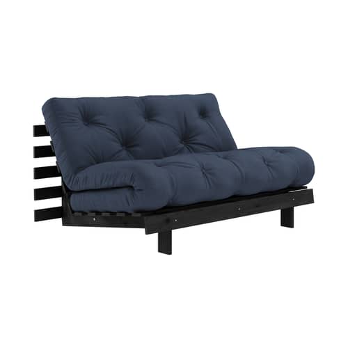 Schlafcouch Roots holz blau / B 140 cm - 3 Positionen / Schwarze Struktur - KARUP DESIGN - Blau Marineblau 737 / Schwarz - FSC-zertifizierte, lackierte Massivkiefer, Gewebe, Recycelte Mischfasern, Schaumstoff