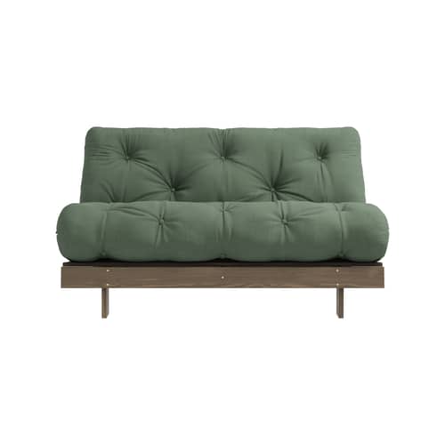 Schlafcouch Roots holz grün / B 140 cm - 3 Positionen / Struktur Braun - KARUP DESIGN - Olivgrün 756 / Holz Braun - FSC-zertifizierte, lackierte Massivkiefer, Gewebe, Recycelte Mischfasern, Schaumstoff