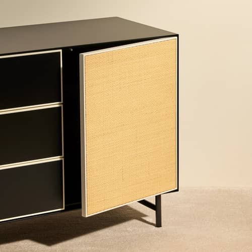 Buffet Essence bois noir / L 180 x H 75 cm - rotin - Maison Sarah Lavoine - Noir & rotin - Bois laqué, Métal, Moelle de rotin