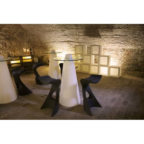 Tavolo bar alto luminoso Peak vetro materiale plastico bianco / Ø 80 x H 120 cm - Slide - Ø 80 cm / Bianco & top trasparente - Polietilene riciclabile a stampaggio rotazionale, Vetro temprato
