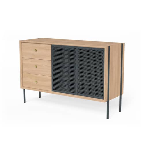 Buffet Gabin métal gris bois naturel / Haut - 3 tiroirs - L 120 cm - Hartô - Ardoise / Chêne - Bois peint, Laiton, MDF plaqué chêne, Métal perforé
