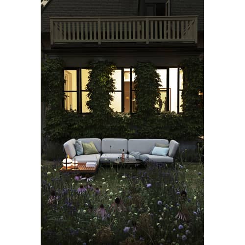 Modulares Gartensofa Level textil beige / Eckmodul links - L 140 cm / Stoff - Houe - Beige Ash - Polyurethan-Schaum, Sunbrella Heritage Stoff, thermolackierter Stahl
