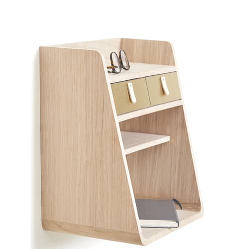 Scaffale a parete Suzon / 36 x 39,5 cm - Hartô - Legno naturale / Ottone spazzolato - MDF, Pelle