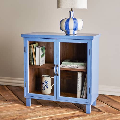 Hazem Storage unit wood blue / L 80 x D 35 x H 80 cm - Bloomingville - Blue / wood interior - Fir-tree, Soak glass