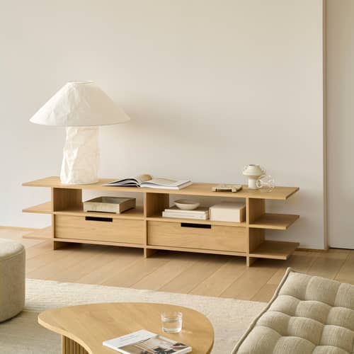 Meuble TV Kabuki bois naturel / L 200 cm -  2 tiroirs - Ethnicraft - Chêne naturel - Chêne massif huilé