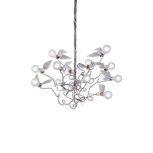 Birdie Pendant metal glass textile white / Ingo Maurer, 2002 - Ingo Maurer - White / Steel & transparent cables - Feathers, Glass, Metal
