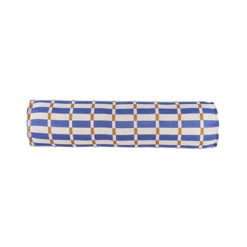 Kissen Cliff Cylinder textil blau / Ø 18 x L 70 cm - NOBODINOZ - Blau & Senf / Mosaik - Französisches Leinen, Polyester (OEKO-TEX® zertifiziert)