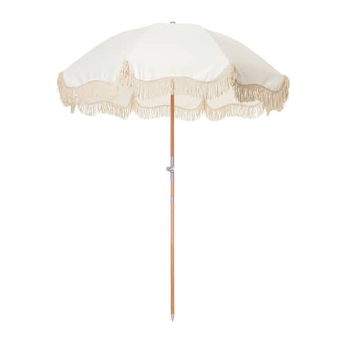 Parasol The Premium Beach blanc / Ø 180 cm - Inclinable - BUSINESS & PLEASURE - Uni blanc / Antique - Aluminium poli, Bois lamellé-collé de récupération, Fibre de verre, Toile outdoor