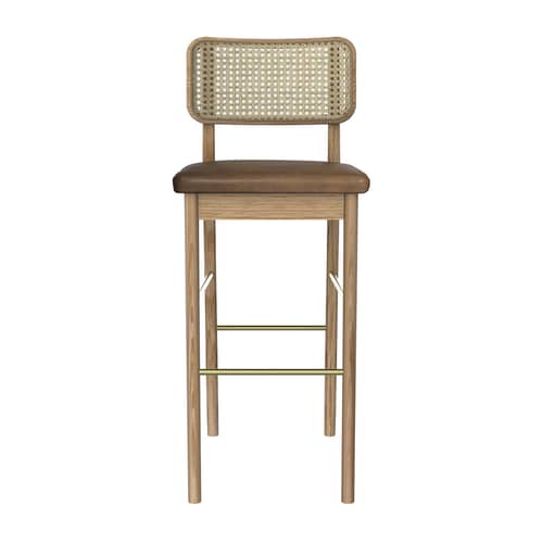 Sgabello bar Cannage fibre legno naturale / H 65 cm - RED Edition - Pelle tabacco / Rovere - Espanso, Midollino, Ottone, Pelle, Rovere