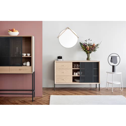 Buffet Gabin métal gris bois naturel / Haut - 3 tiroirs - L 120 cm - Hartô - Ardoise / Chêne - Bois peint, Laiton, MDF plaqué chêne, Métal perforé