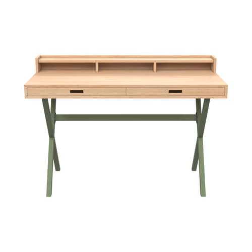 Bureau Hyppolite bois et métal vert / L 120 x P 56 cm - Hartô - Chêne naturel / Vert sauge - MDF plaqué chêne, Métal laqué