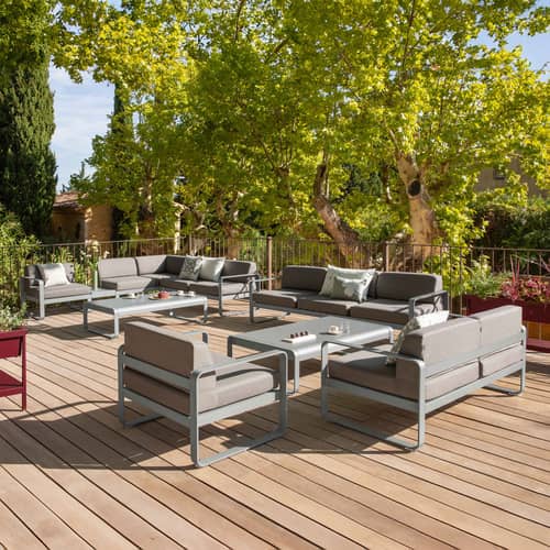 Canapé de jardin 2 places Bellevie métal marron / L 160 cm - Tissu blanc grisé - Fermob - Tonka/ Tissu blanc grisé - Aluminium laqué, Mousse polyuréthane HR, Tissu acrylique