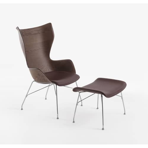 Repose-pieds K/Wood bois multicolore / Bois moulé & cuir / Modèle d\'expo - Kartell - Frêne foncé & cuir marron - Acier chromé, Contreplaqué de frêne moulé, Cuir