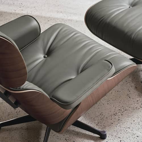 Lounge Chair & Ottoman Set armchair & footrest leather green / Eames (1956) - Vitra - Natural walnut / Khaki green (Leather) - Curved plywood, Leather, Polyurethane foam, Walnut veneer