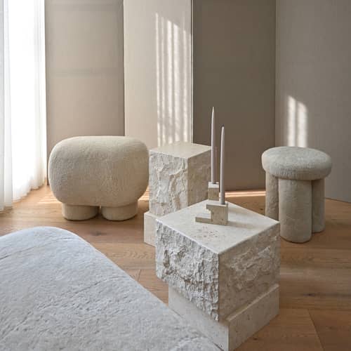 Table d\'appoint Temple Low pierre blanc / 40 x 42 x H 35 cm - Calcaire - 101 COPENHAGEN - Low / Sable - Calcaire