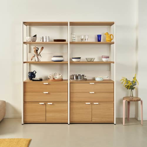 Geschirrschrank UNIT 5 metall weiß / H 180 x L 164 cm - 4 Türen + 4 Schubladen - TIPTOE - Cremeweiß / Eiche - Ökozertifiziertes Holz, thermolackierter Stahl